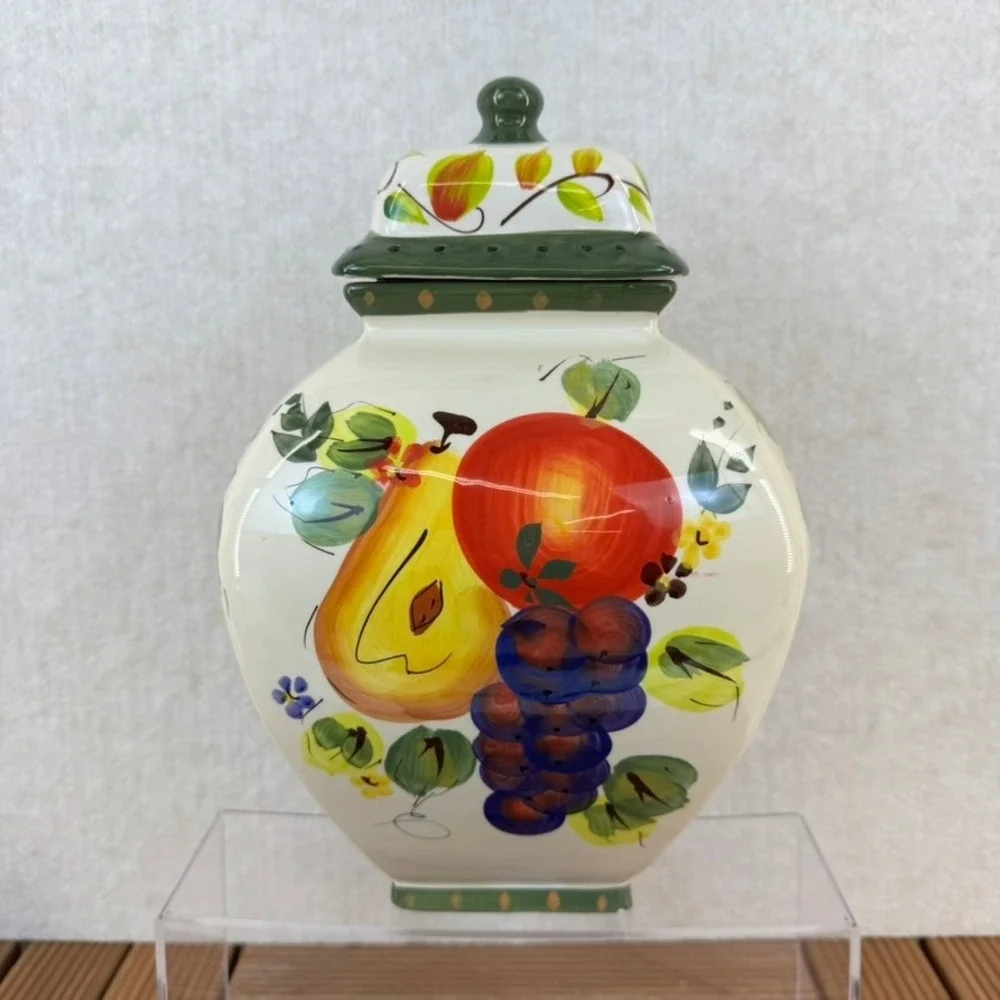 Nonni's Biscotti Cookie Jar Canister Fruits & Vines Hand Painted from Italy VTG